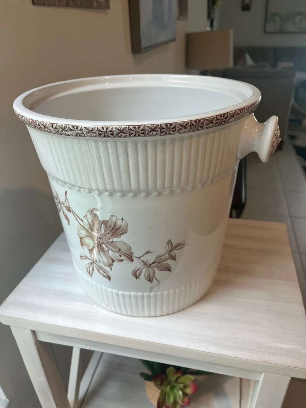 Vintage Johnson Brothers White Ceramic Slop Jar with Brown Floral Motif